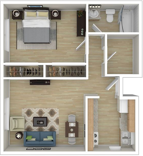 Floor plan for 1 bed, 1 bath, 670 sqft